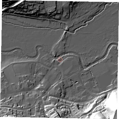 Shaded relief map of the ground around GU71HH, computed from Environment Agency LiDAR. The ground here sits at about 38 m above sea level and falls 60 m across the surrounding 800 m. Surface water reaching this point runs off ground lying to the west, 2.4 m higher.