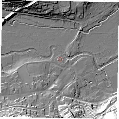 Shaded relief map of the ground around GU71HT, computed from Environment Agency LiDAR. The ground here sits at about 38 m above sea level and falls 50 m across the surrounding 800 m. Surface water reaching this point runs off ground lying to the south, 28.2 m higher.