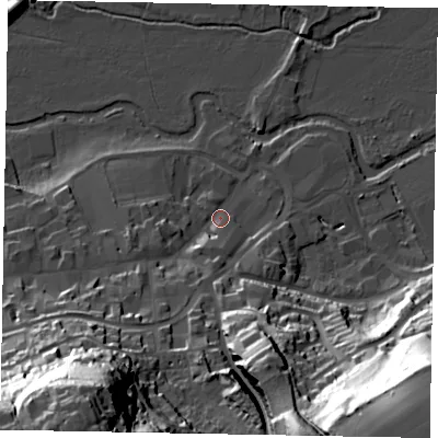 Shaded relief map of the ground around GU71HY, computed from Environment Agency LiDAR. The ground here sits at about 40 m above sea level and falls 60 m across the surrounding 800 m. Surface water reaching this point runs off ground lying to the south-west, 52.8 m higher.