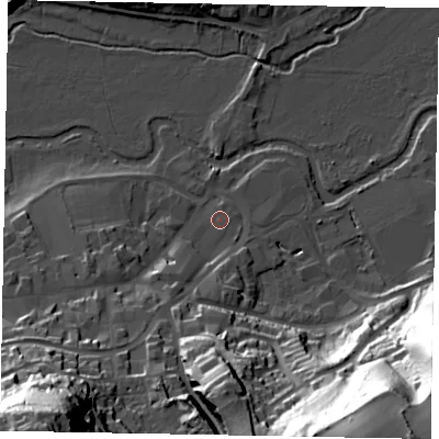 Shaded relief map of the ground around GU71HZ, computed from Environment Agency LiDAR. The ground here sits at about 38 m above sea level and falls 60 m across the surrounding 800 m. Surface water reaching this point runs off ground lying to the south, 32.7 m higher.