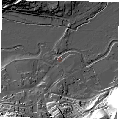 Shaded relief map of the ground around GU71JB, computed from Environment Agency LiDAR. The ground here sits at about 38 m above sea level and falls 58 m across the surrounding 800 m. Surface water reaching this point runs off ground lying to the north-north-west, 2.2 m higher.