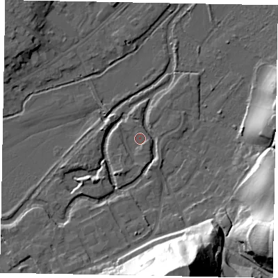 Shaded relief map of the ground around GU71JW, computed from Environment Agency LiDAR. The ground here sits at about 36 m above sea level and falls 53 m across the surrounding 800 m. Surface water reaching this point runs off ground lying to the south-south-west, 3.1 m higher.