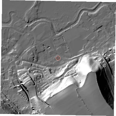 Shaded relief map of the ground around GU71LQ, computed from Environment Agency LiDAR. The ground here sits at about 39 m above sea level and falls 62 m across the surrounding 800 m. Surface water reaching this point runs off ground lying to the south-east, 8.8 m higher.