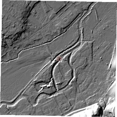Shaded relief map of the ground around GU71NH, computed from Environment Agency LiDAR. The ground here sits at about 35 m above sea level and falls 33 m across the surrounding 800 m. Surface water reaching this point runs off ground lying to the south-west, 4.6 m higher.