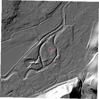 Shaded relief map of the ground around GU71NJ, computed from Environment Agency LiDAR. The ground here sits at about 36 m above sea level and falls 54 m across the surrounding 800 m. Surface water reaching this point runs off ground lying to the south-south-west, 3.1 m higher.