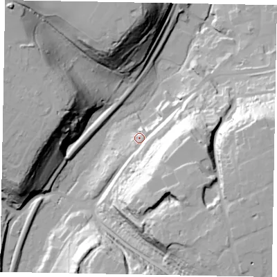 Shaded relief map of the ground around GU71RF, computed from Environment Agency LiDAR. The ground here sits at about 51 m above sea level and falls 55 m across the surrounding 800 m. Surface water reaching this point runs off ground lying to the south-east, 34.3 m higher.