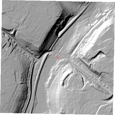 Shaded relief map of the ground around GU71RH, computed from Environment Agency LiDAR. The ground here sits at about 44 m above sea level and falls 51 m across the surrounding 800 m. Surface water reaching this point runs off ground lying to the south-east, 49.2 m higher.