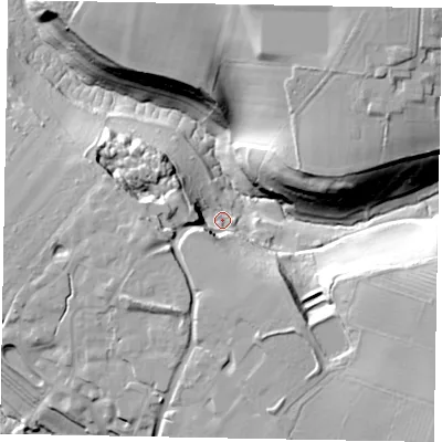 Shaded relief map of the ground around GU71UD, computed from Environment Agency LiDAR. The ground here sits at about 59 m above sea level and falls 41 m across the surrounding 800 m. Surface water reaching this point runs off ground lying to the west-south-west, 19.4 m higher.