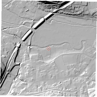 Shaded relief map of the ground around GU71WH, computed from Environment Agency LiDAR. The ground here sits at about 37 m above sea level and falls 32 m across the surrounding 800 m. Surface water reaching this point runs off ground lying to the west-south-west, 27.1 m higher.