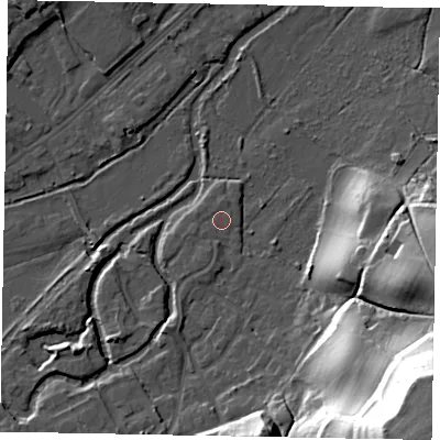 Shaded relief map of the ground around GU71YY, computed from Environment Agency LiDAR. The ground here sits at about 36 m above sea level and falls 54 m across the surrounding 800 m. Surface water reaching this point runs off ground lying to the north-north-east, 0.7 m higher.