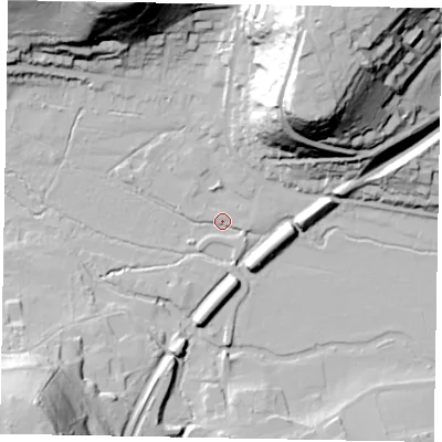 Shaded relief map of the ground around GU72AB, computed from Environment Agency LiDAR. The ground here sits at about 38 m above sea level and falls 60 m across the surrounding 800 m. Surface water reaching this point runs off ground lying to the west-south-west, 3.4 m higher.