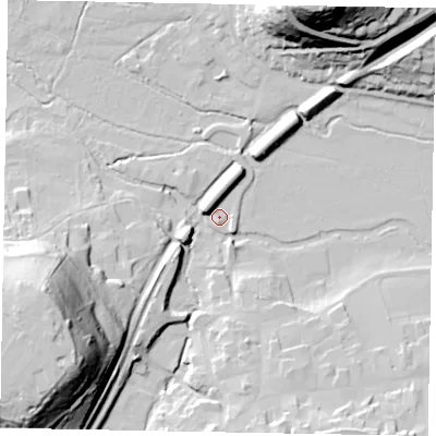 Shaded relief map of the ground around GU72AE, computed from Environment Agency LiDAR. The ground here sits at about 38 m above sea level and falls 57 m across the surrounding 800 m. Surface water reaching this point runs off ground lying to the west-south-west, 49.4 m higher.