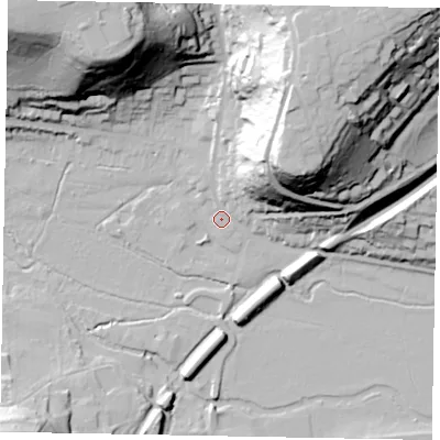 Shaded relief map of the ground around GU72AG, computed from Environment Agency LiDAR. The ground here sits at about 39 m above sea level and falls 60 m across the surrounding 800 m. Surface water reaching this point runs off ground lying to the north-north-east, 57.4 m higher.