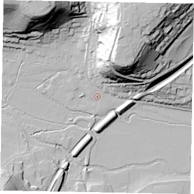Shaded relief map of the ground around GU72FG, computed from Environment Agency LiDAR. The ground here sits at about 38 m above sea level and falls 60 m across the surrounding 800 m. Surface water reaching this point runs off ground lying to the north-north-east, 56.8 m higher.