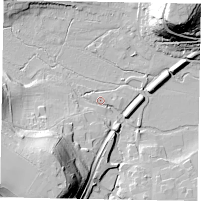 Shaded relief map of the ground around GU72FZ, computed from Environment Agency LiDAR. The ground here sits at about 39 m above sea level and falls 58 m across the surrounding 800 m. Surface water reaching this point runs off ground lying to the south-south-west, 2.0 m higher.