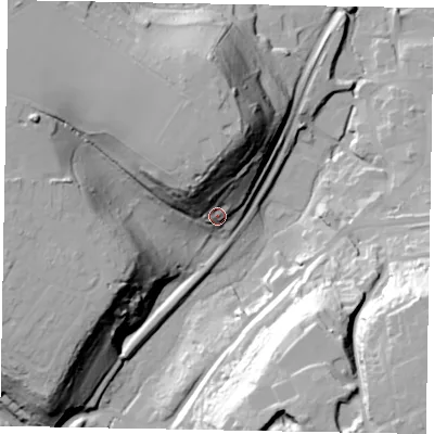 Shaded relief map of the ground around GU72JH, computed from Environment Agency LiDAR. The ground here sits at about 56 m above sea level and falls 56 m across the surrounding 800 m. Surface water reaching this point runs off ground lying to the north, 31.0 m higher.