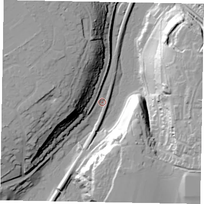 Shaded relief map of the ground around GU72JW, computed from Environment Agency LiDAR. The ground here sits at about 47 m above sea level and falls 43 m across the surrounding 800 m. Surface water reaching this point runs off ground lying to the south-east, 1.7 m higher.