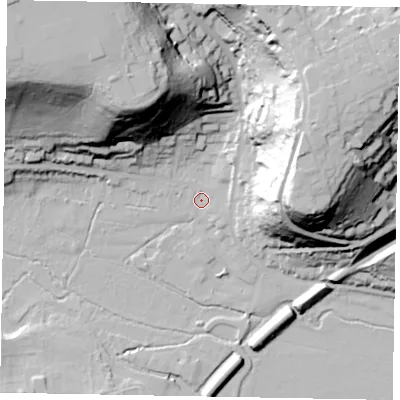 Shaded relief map of the ground around GU72PH, computed from Environment Agency LiDAR. The ground here sits at about 39 m above sea level and falls 60 m across the surrounding 800 m. Surface water reaching this point runs off ground lying to the east, 3.5 m higher.