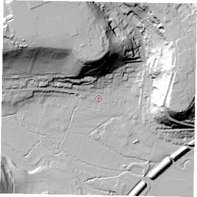 Shaded relief map of the ground around GU72PL, computed from Environment Agency LiDAR. The ground here sits at about 39 m above sea level and falls 59 m across the surrounding 800 m. Surface water reaching this point runs off ground lying to the north, 52.6 m higher.