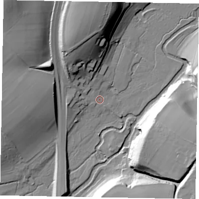 Shaded relief map of the ground around GU72QF, computed from Environment Agency LiDAR. The ground here sits at about 42 m above sea level and falls 34 m across the surrounding 800 m. Surface water reaching this point runs off ground lying to the north, 27.2 m higher.