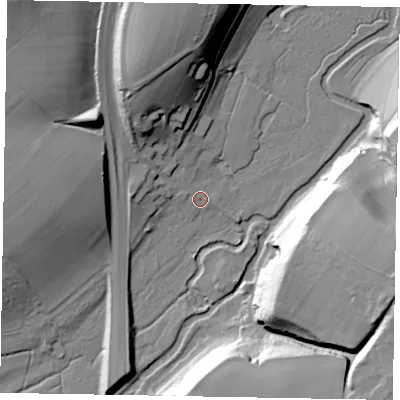 Shaded relief map of the ground around GU72QG, computed from Environment Agency LiDAR. The ground here sits at about 41 m above sea level and falls 32 m across the surrounding 800 m. Surface water reaching this point runs off ground lying to the north, 26.9 m higher.