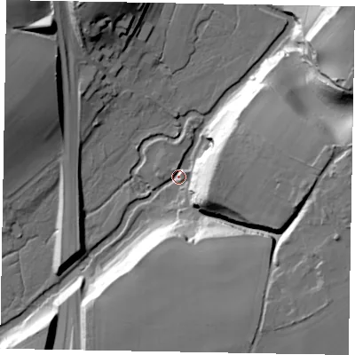 Shaded relief map of the ground around GU72QJ, computed from Environment Agency LiDAR. The ground here sits at about 40 m above sea level and falls 34 m across the surrounding 800 m. Surface water reaching this point runs off ground lying to the east, 32.9 m higher.
