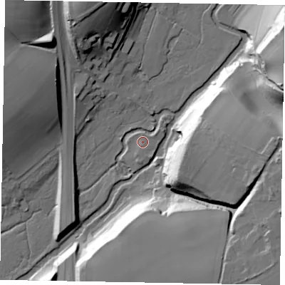 Shaded relief map of the ground around GU72QW, computed from Environment Agency LiDAR. The ground here sits at about 41 m above sea level and falls 33 m across the surrounding 800 m. Surface water reaching this point runs off ground lying to the south-south-west, 1.6 m higher.