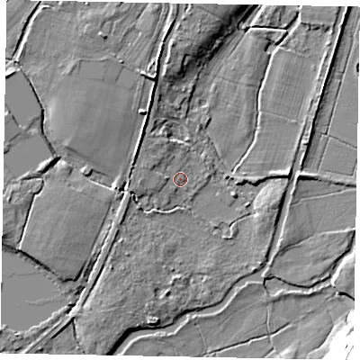 Shaded relief map of the ground around GU73BT, computed from Environment Agency LiDAR. The ground here sits at about 35 m above sea level and falls 17 m across the surrounding 800 m. Surface water reaching this point runs off ground lying to the west-north-west, 2.1 m higher.