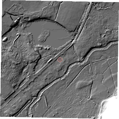 Shaded relief map of the ground around GU73BX, computed from Environment Agency LiDAR. The ground here sits at about 35 m above sea level and falls 47 m across the surrounding 800 m. Surface water reaching this point runs off ground lying to the west-south-west, 0.7 m higher.