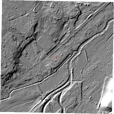 Shaded relief map of the ground around GU73BY, computed from Environment Agency LiDAR. The ground here sits at about 36 m above sea level and falls 16 m across the surrounding 800 m. Surface water reaching this point runs off ground lying to the south-south-west, 0.8 m higher.