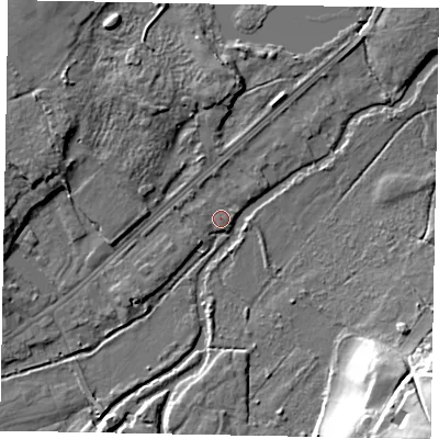 Shaded relief map of the ground around GU73BZ, computed from Environment Agency LiDAR. The ground here sits at about 36 m above sea level and falls 24 m across the surrounding 800 m. Surface water reaching this point runs off ground lying to the west-north-west, 0.7 m higher.