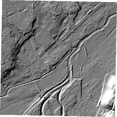 Shaded relief map of the ground around GU73DA, computed from Environment Agency LiDAR. The ground here sits at about 36 m above sea level and falls 19 m across the surrounding 800 m. The ground contributing surface water to this point lies to the west.