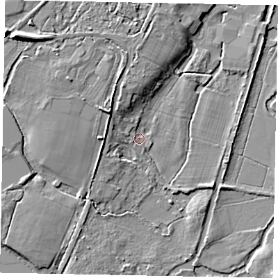 Shaded relief map of the ground around GU73DE, computed from Environment Agency LiDAR. The ground here sits at about 35 m above sea level and falls 12 m across the surrounding 800 m. Surface water reaching this point runs off ground lying to the north-west, 3.1 m higher.
