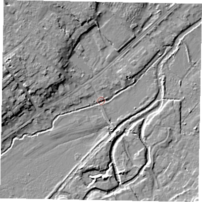 Shaded relief map of the ground around GU73DJ, computed from Environment Agency LiDAR. The ground here sits at about 36 m above sea level and falls 11 m across the surrounding 800 m. Surface water reaching this point runs off ground lying to the west-north-west, 10.6 m higher.