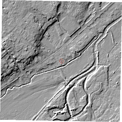 Shaded relief map of the ground around GU73DL, computed from Environment Agency LiDAR. The ground here sits at about 36 m above sea level and falls 11 m across the surrounding 800 m. Surface water reaching this point runs off ground lying to the west-north-west, 6.0 m higher.