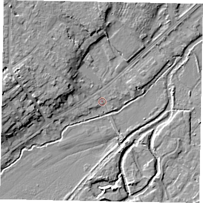 Shaded relief map of the ground around GU73DP, computed from Environment Agency LiDAR. The ground here sits at about 36 m above sea level and falls 12 m across the surrounding 800 m. Surface water reaching this point runs off ground lying to the west-north-west, 6.0 m higher.