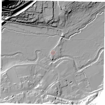 Shaded relief map of the ground around GU73DT, computed from Environment Agency LiDAR. The ground here sits at about 37 m above sea level and falls 58 m across the surrounding 800 m. Surface water reaching this point runs off ground lying to the south, 0.9 m higher.