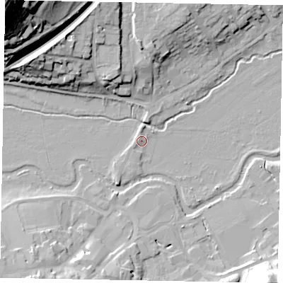 Shaded relief map of the ground around GU73DU, computed from Environment Agency LiDAR. The ground here sits at about 37 m above sea level and falls 54 m across the surrounding 800 m. Surface water reaching this point runs off ground lying to the north-north-west, 1.4 m higher.