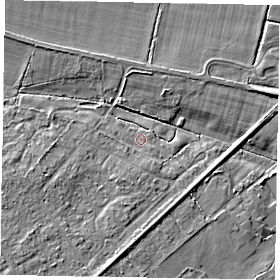 Shaded relief map of the ground around GU73FH, computed from Environment Agency LiDAR. The ground here sits at about 40 m above sea level and falls 8 m across the surrounding 800 m. Surface water reaching this point runs off ground lying to the west-south-west, 3.3 m higher.