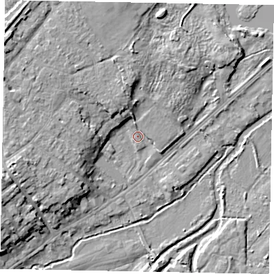 Shaded relief map of the ground around GU73FJ, computed from Environment Agency LiDAR. The ground here sits at about 36 m above sea level and falls 11 m across the surrounding 800 m. Surface water reaching this point runs off ground lying to the north-north-west, 5.5 m higher.