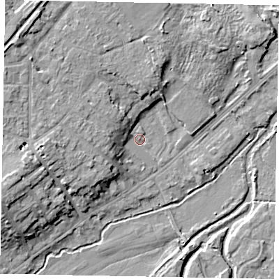 Shaded relief map of the ground around GU73HF, computed from Environment Agency LiDAR. The ground here sits at about 36 m above sea level and falls 12 m across the surrounding 800 m. Surface water reaching this point runs off ground lying to the west-north-west, 6.8 m higher.
