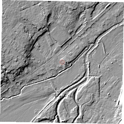 Shaded relief map of the ground around GU73HG, computed from Environment Agency LiDAR. The ground here sits at about 36 m above sea level and falls 9 m across the surrounding 800 m. Surface water reaching this point runs off ground lying to the west, 7.7 m higher.