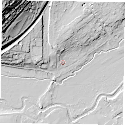 Shaded relief map of the ground around GU73HJ, computed from Environment Agency LiDAR. The ground here sits at about 38 m above sea level and falls 59 m across the surrounding 800 m. Surface water reaching this point runs off ground lying to the north-west, 4.4 m higher.