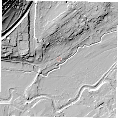 Shaded relief map of the ground around GU73HN, computed from Environment Agency LiDAR. The ground here sits at about 37 m above sea level and falls 48 m across the surrounding 800 m. Surface water reaching this point runs off ground lying to the north, 10.5 m higher.