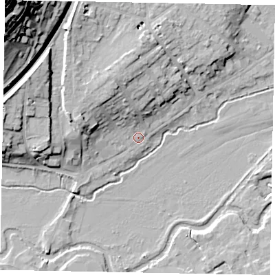 Shaded relief map of the ground around GU73HP, computed from Environment Agency LiDAR. The ground here sits at about 37 m above sea level and falls 51 m across the surrounding 800 m. Surface water reaching this point runs off ground lying to the north-north-west, 9.8 m higher.