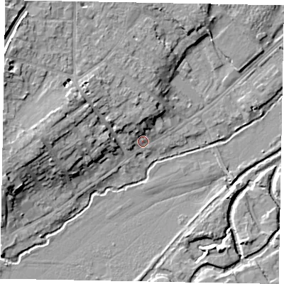 Shaded relief map of the ground around GU73HS, computed from Environment Agency LiDAR. The ground here sits at about 37 m above sea level and falls 14 m across the surrounding 800 m. Surface water reaching this point runs off ground lying to the west, 10.2 m higher.
