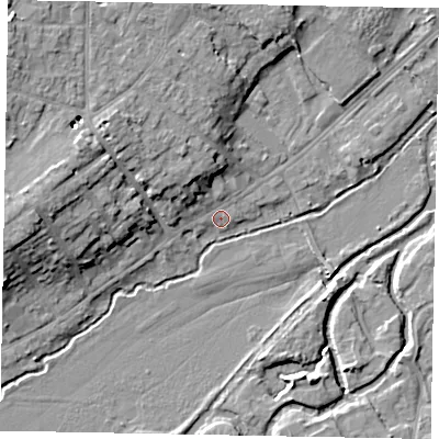 Shaded relief map of the ground around GU73HT, computed from Environment Agency LiDAR. The ground here sits at about 36 m above sea level and falls 13 m across the surrounding 800 m. Surface water reaching this point runs off ground lying to the north-west, 6.1 m higher.