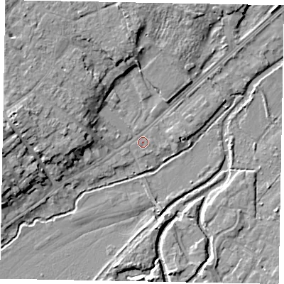 Shaded relief map of the ground around GU73HY, computed from Environment Agency LiDAR. The ground here sits at about 36 m above sea level and falls 11 m across the surrounding 800 m. Surface water reaching this point runs off ground lying to the west, 8.9 m higher.