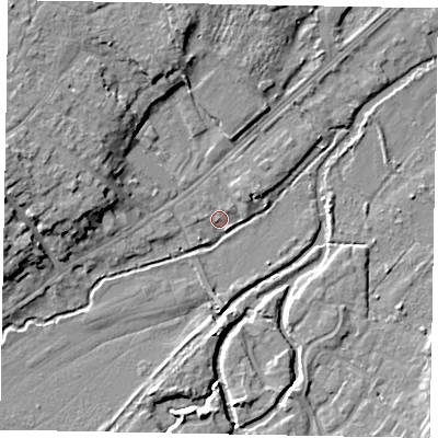 Shaded relief map of the ground around GU73HZ, computed from Environment Agency LiDAR. The ground here sits at about 36 m above sea level and falls 10 m across the surrounding 800 m. Surface water reaching this point runs off ground lying to the west, 1.1 m higher.