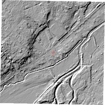 Shaded relief map of the ground around GU73JA, computed from Environment Agency LiDAR. The ground here sits at about 36 m above sea level and falls 11 m across the surrounding 800 m. Surface water reaching this point runs off ground lying to the west, 9.1 m higher.